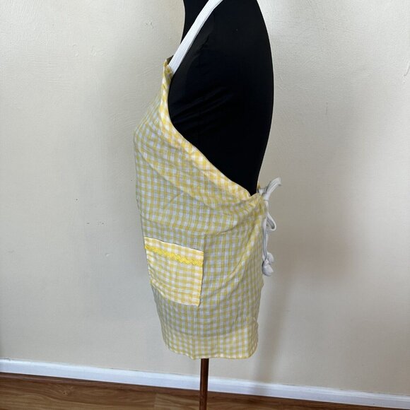 Vintage Womens Kitchen Apron Yellow and White Gingham Checker Waist Tie Pockets - Picture 3 of 8